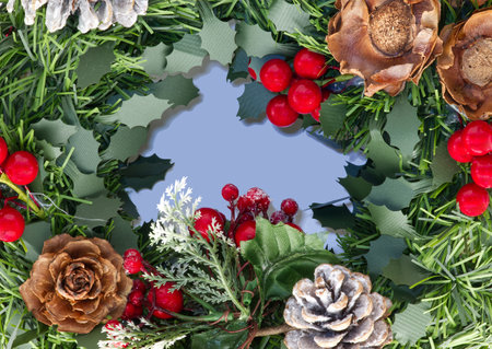 Christmas decoration. Christmas ornaments. Space for text. View from aboveの写真素材