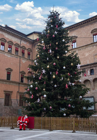 Big Christmas Tree in Piazza Nettuno. Bologna, Italy.の写真素材