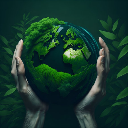 Hands protecting a globe of green tree on tropical nature. Earth day concept. Generative Artificial Intelligence.の素材