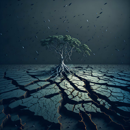 Effects of drought, cracked soil and devastated nature. Earth day concept. Generative Artificial Intelligence.の素材