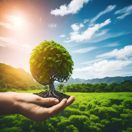 Human hands protecting a green tree on nature. Earth day concept. Generative Artificial Intelligence.の素材