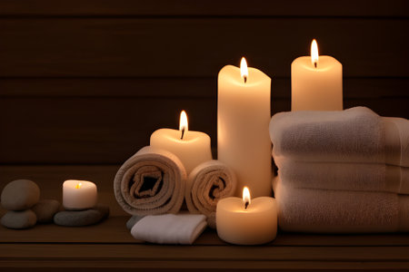 Beautiful spa setting with bathrobe, slippers, candles, cosmetics. Beauty wellness center treatment and relaxation concept. Generative Artificial Intelligence.の素材