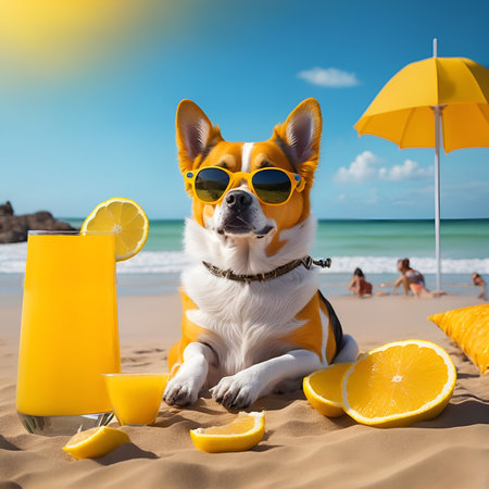 Cute corgi dog with yellow sunglasses enjoying on the beach with lemon juice. Generative Artificial Intelligenceの素材