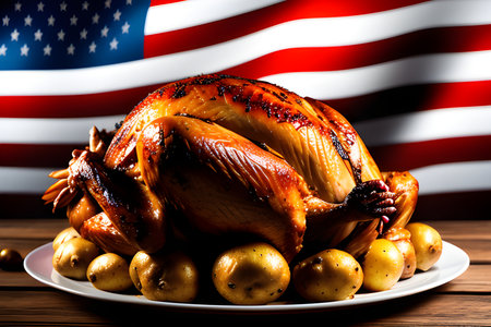 Traditional American Thanksgiving Day Turkey. American flag on background. Generative Artificial Intelligenceの素材