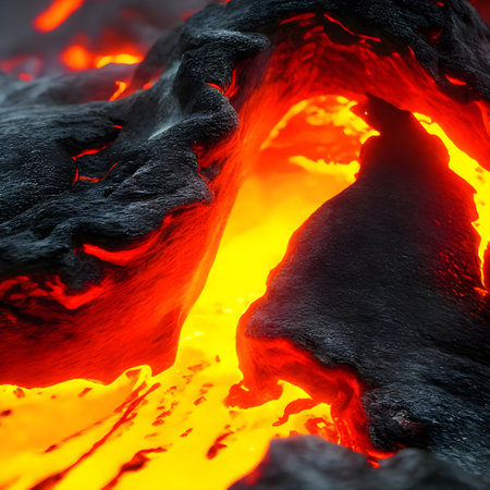 Flaming lava flowing outside from the caldera of a volcano. Generative Artificial Intelligence.の素材