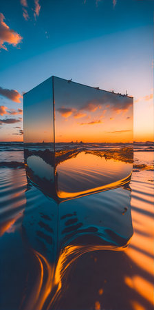 Deformed metallic copper shiny cube on water. Generative Artificial Intelligence.の素材