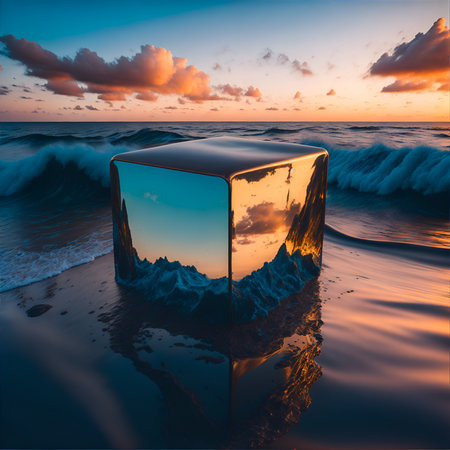 Deformed metallic copper shiny cube on water. Generative Artificial Intelligence.の素材