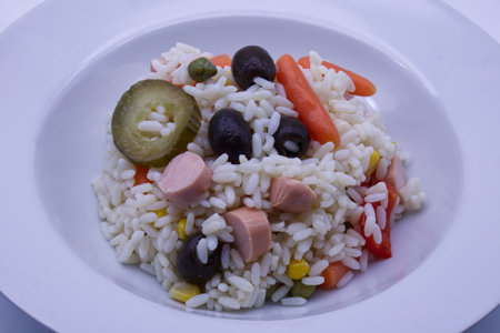 Cold rice salad. Concept of healthy summer food.の写真素材