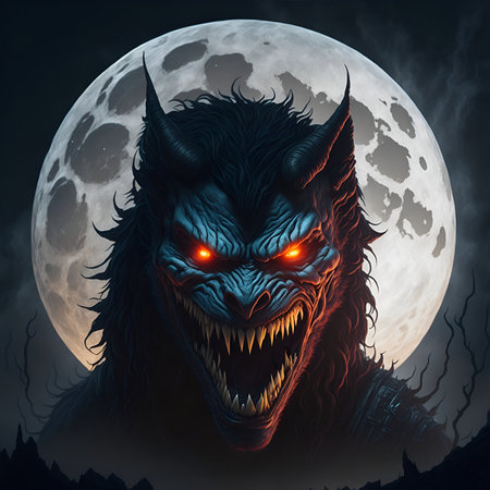 Scary lycanthrope under a full moon. Generative Artificial Intelligence.の素材