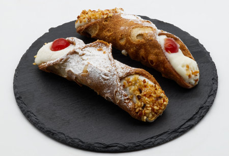 Sweet Sicilian cannoli filled with ricotta cream. Traditional Sicilian Italian dessertの写真素材