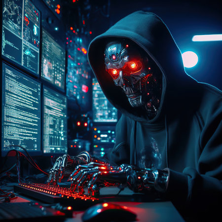 A Cyborg sitting in front of a screen attempting to hack an encryption. Hacker of the futureの素材