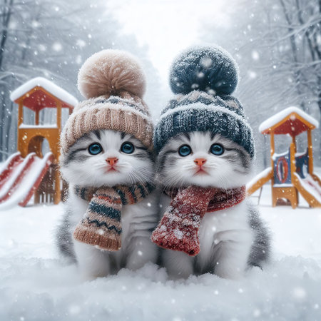 Two kittens puppies playing in the snow.の素材