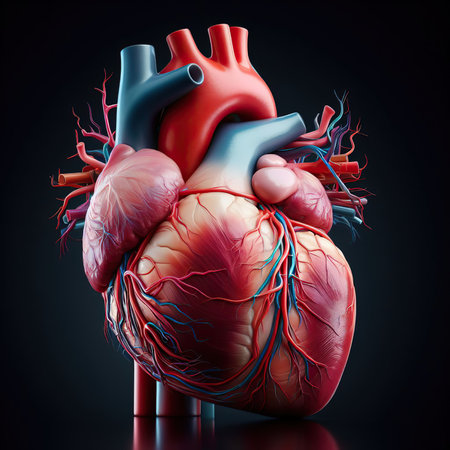 Human heart with blood vessels isolated on black background.の素材