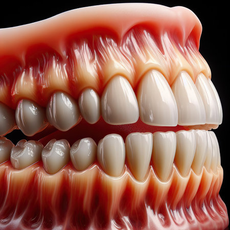 Human denture highly detailed isolated on black reflective background.の素材