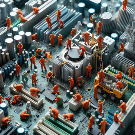 Group of miniatures engaged in repairing the internal workings of a mother board.の素材