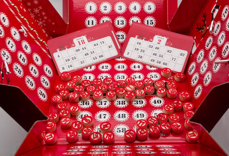 Christmas Bingo Game Kit with numbers and cards.の写真素材