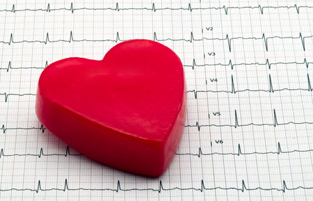 Heart-shaped object on EKG graph paper, representing health and medical concepts.の写真素材