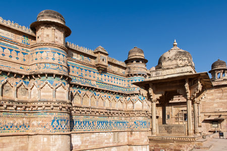 Magnificent ancient indian Gwalior fort with intricate blue tiles. Gwalior Qila, Madhya Pradesh, India.の写真素材