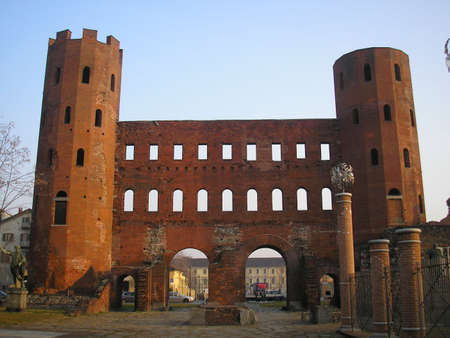 Porte Palatine Roman gates, Turin, Italyの写真素材