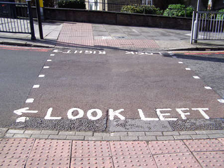 Look right look left sign on London zebra crossingの写真素材