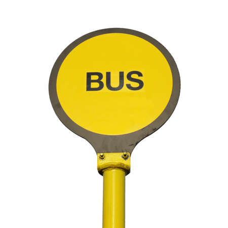 Yellow bus stop sign isolated over whiteの写真素材