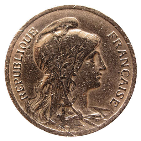 Vintage France coin with the French republic represented as a beautiful womanの写真素材