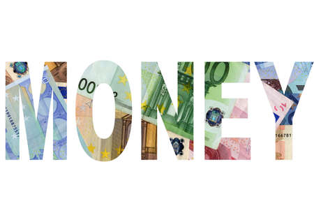Money text written with Euro bank notesの写真素材