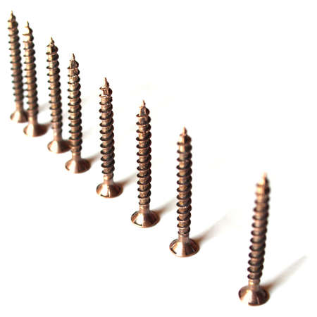 Detail of bronze screws for wood works over white with selective focusの写真素材