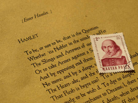 William Shakespeare's Hamlet (original Middle English text from the First Folio of 1623) with stamp - selective focusのeditorial素材