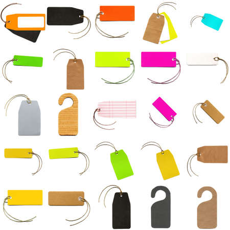 Collage of price tag or address label with string isolated over whiteの写真素材