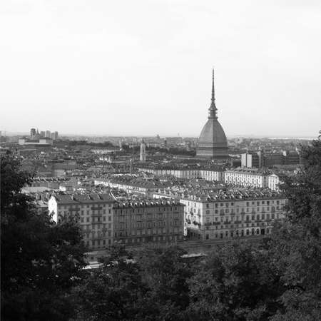 Turin skyline panorama seen from the hill with Mole Antonelliana (famous ugly wedding cake building)の写真素材