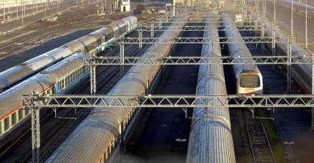 Railway or railroad tracks for train transportationの写真素材