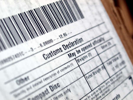 Customs declaration on a foreign packet parcelの写真素材