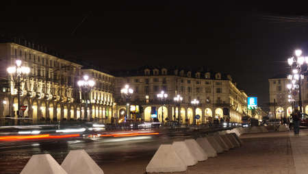 The Piazza Vittorio Emanuele II square in Turin, Italy - at nightの写真素材