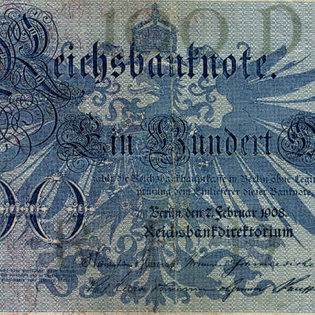 Vintage withdrawn 100 Mark banknote of the Deutsches Reich (German Empire), year 1908の写真素材