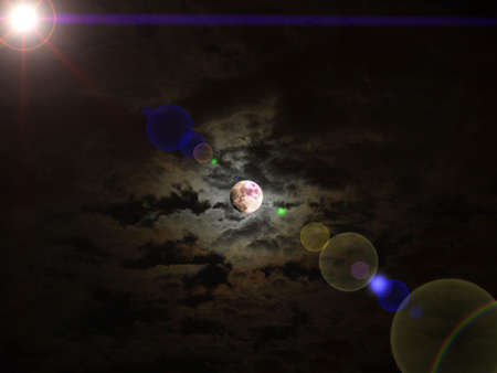 Dark baroque sky with full moon and clouds - lens reflection
