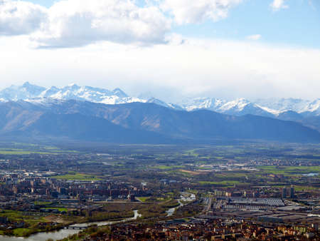 City of Turin (Torino) skyline panorama seen from the hillの写真素材
