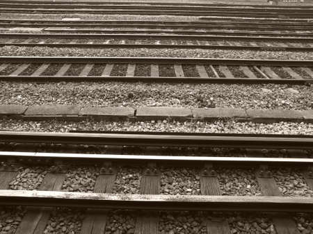 Railway or railroad tracks for train transportationの写真素材