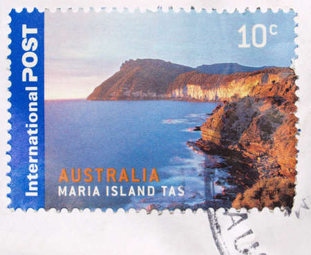 MARIA ISLAND, TASMANIA, AUSTRALIA - CIRCA 2007: International post stamp with Australian natural landscape circa 2007 in Maria Island, Tasmania, Australiaの写真素材