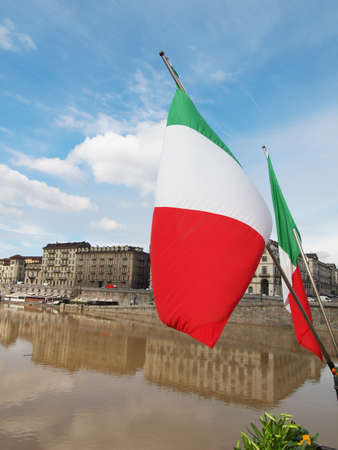 Celebrative flags for the 150th anniversary year of Italian unification, Turin Piedmont Italyの写真素材