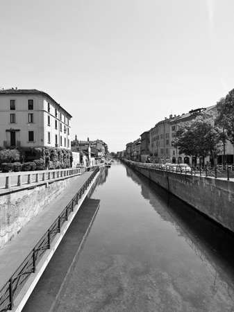 Naviglio Grande, canal waterway in Milan, Italyの写真素材