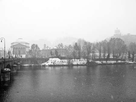 Hills surrounding the city of Turin (Torino) Italy - winter view with snowの写真素材