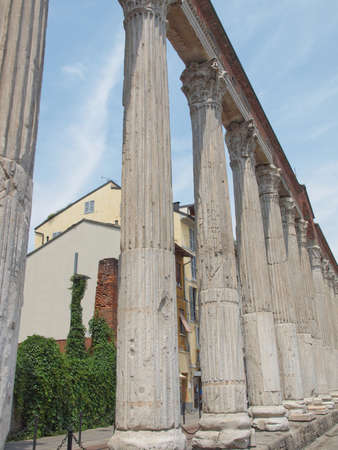 Colonne di San Lorenzo (St Lawrence columns) ancient Roman ruins, Milan, Italyの写真素材