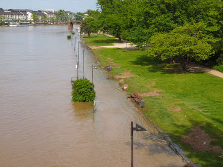Flood of River Main in Frankfurt am Main in Germanyの写真素材
