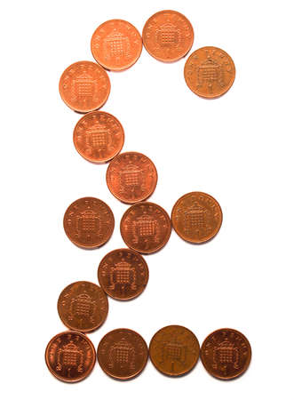 Pound currency sign made with One Penny coins isolated over white background