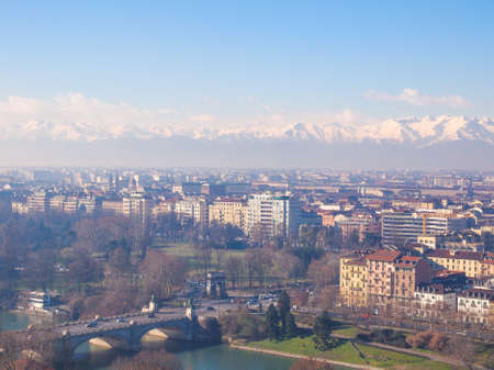Turin skyline panorama seen from the hills surrounding the cityの写真素材
