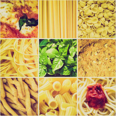 Vintage looking Italian food collage including 9 pictures of pasta, bread, pizzaの写真素材