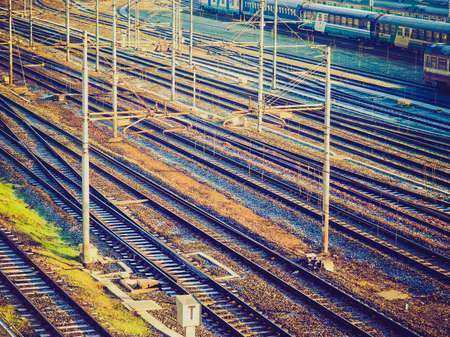 Vintage looking Railway or railroad tracks for train transportationの写真素材