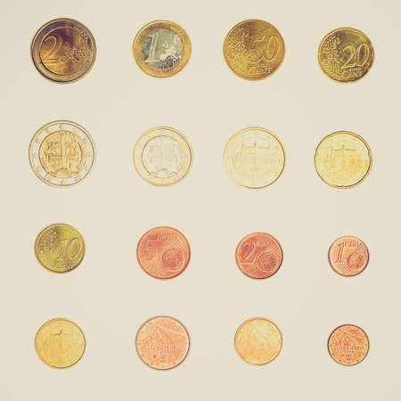 Vintage looking Euro coins including both the international and national side of Slovakia