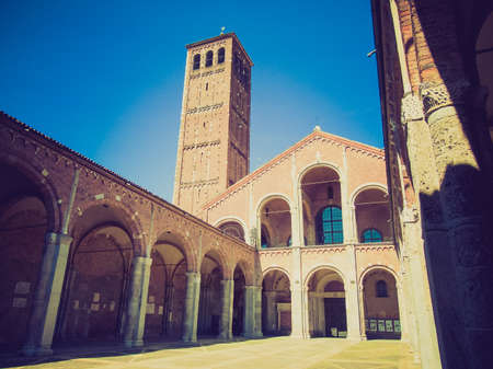Vintage looking Basilica of Sant Ambrogio in Milan, Italyの写真素材